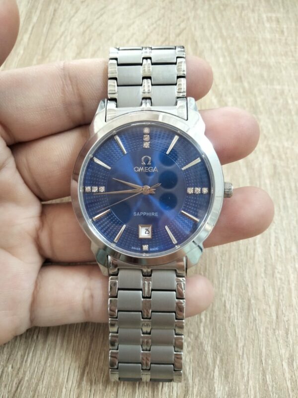 Đồng hồ omega mặt xanh, kính Sapphire Đồng hồ đeo tay 1 triệu - 2 triệu Dây da đồng hồ màu xanh dương 4