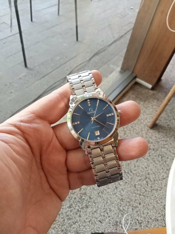 Đồng hồ omega mặt xanh, kính Sapphire Đồng hồ đeo tay 1 triệu - 2 triệu Dây da đồng hồ màu xanh dương 2
